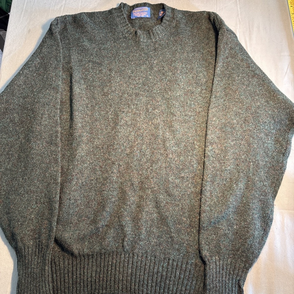 Pendleton Mens L Shetland Wool Crewneck Sweater Green Heather Knit Pullover